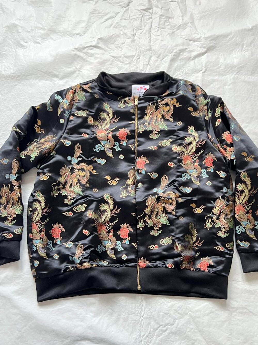 OMighty satin jacket Womens Small black dragons floral zip up bomber o'mighty
